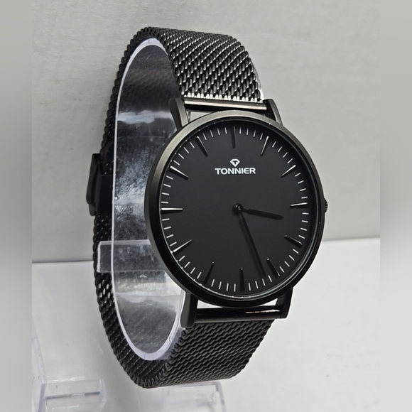 Mens Tonnier Black Stainless Steel Slim Watch Quartz New Battery Mesh Classic - Picture 3 of 9